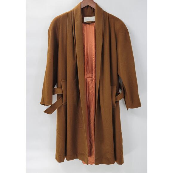 Vintage J. Hilary Wool Coat Womens 4 Belted Camel Brown Long Trench Made in USA - Picture 11 of 16